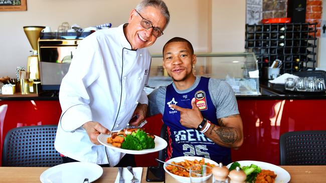 Enzo Fazzari with Adelaide 36er Jerome Randle in 2019. Picture: Mark Brake