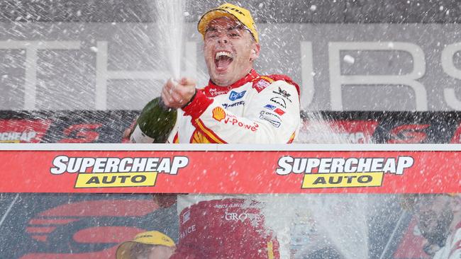 Shell V-Power Racing star Scott McLaughlin celebrates victory in last year’s Bathurst 100. Picture: Rohan Kelly