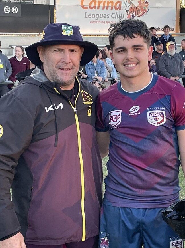 Jackson Rose meets Broncos champion Mick Hancock after his man of the match effort for Stretton in the grand final last season.