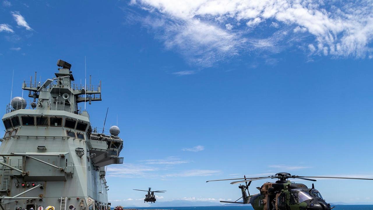 Republic of Singapore Air Force CH-47 Chinook Helicopter landing onboard HMAS Adelaide during Exercise Sea Wader 2020 off the coast of Townsville, Queensland. Picture: Defence Dept