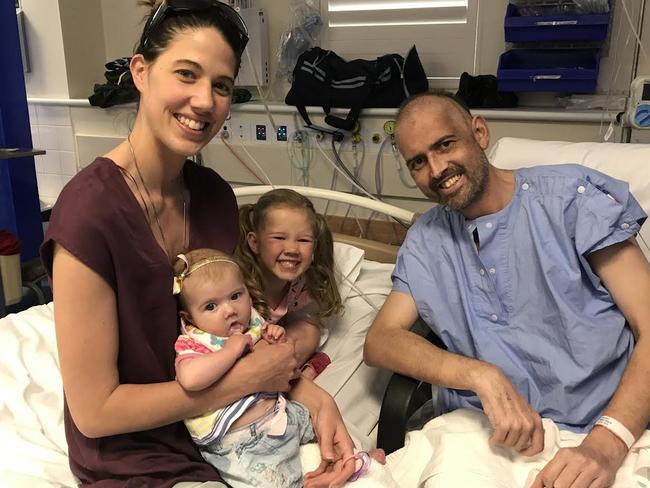 Michael Bell died from brain cancer in January 2018. He is pictured with his wife Penelope, baby Jasmine and daughter Mikayla.