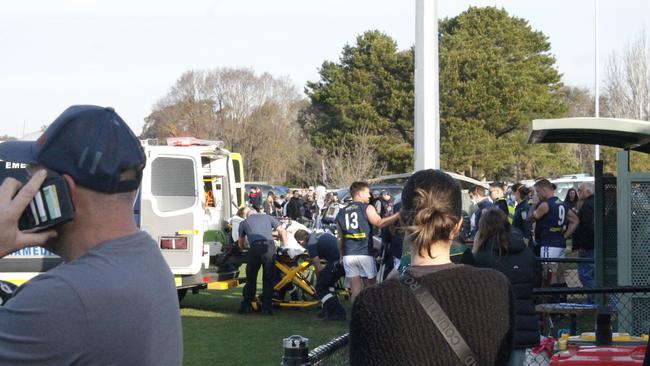 Greta reserves player Ben Duffield was seriously injured in an Ovens and King league finals match and flown to Melbourne. Picture: Wangaratta Chronicle