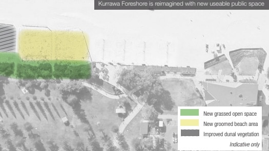 The beach bar proposal for Kurrawa on the Gold Coast. This graphic shows the "groomed beach area".