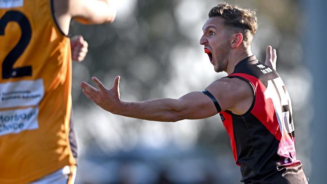 Pascoe Vale’s Adam Figliola celebrates a goal. Picture: Andy Brownbill