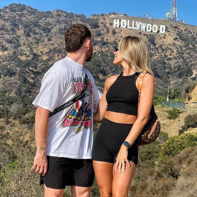 Newcastle halfback Jackson Hastings and his girlfriend, Amelia, at the Hollywood sign. Picture: Instagram