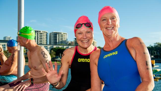 Julie Bowman and Bridget Young at the 2024 Masters Swimming Australia National Championships open swim event in Darwin. Picture: Pema Tamang Pakhrin