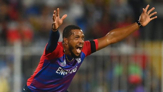 Chris Jordan of England unsuccessfully appeals for the LBW.