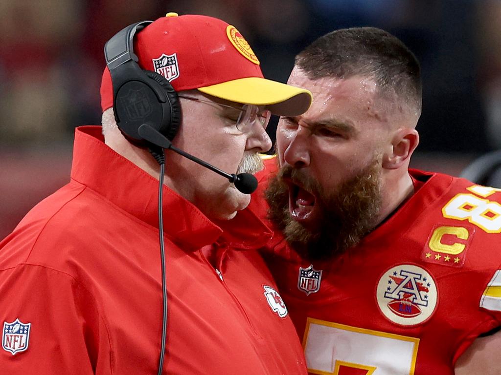 Travis Kelce was seen screaming at his coach Andy Reid during the Super Bowl. (Photo by Jamie Squire/Getty Images)