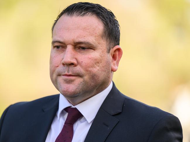 SYDNEY, AUSTRALIA - AUGUST 04: Football Australia CEO James Johnson speaks to the media during a press Conference at Pioneers Memorial Park on August 04, 2024 in Sydney, Australia. (Photo by James Gourley/Getty Images)