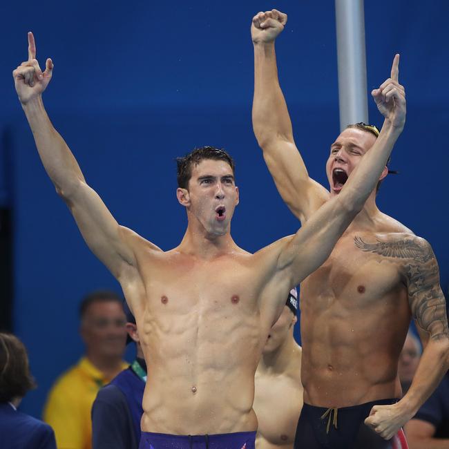 Michael Phelps and Caeleb Dressel and the USA team win the Gold Medal in the Men's 4 x 100m relay final on Day 2 of the swimming at the Rio 2016 Olympic Games. Picture: Phil Hillyard