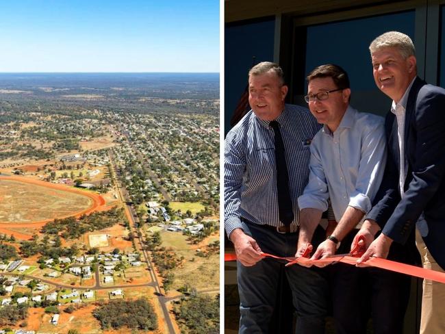 Murweh Shire mayor Shaun 'Zoro' Radnedge, Federal Maranoa member David Littleproud and State Tourism Minister Stirling Hinchliffe officially opened the secret WW2 US army base in Charleville on Thursday October 5, 2023 following the completion of project's final stage. Picture: Supplied.