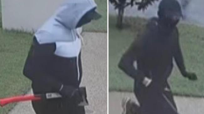 Two men were captured on social media wielding a crowbar and axe as they attempted to break into a Brisbane southwest home on March 26