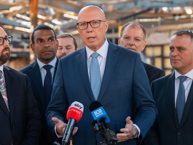 Leader of the opposition, Peter Dutton makes an announcement at the Adass Israel Synagogue in Ripponlea. Picture: Tony Gough