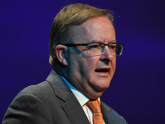 Leader of the federal Opposition, Anthony Albanese speaks at the AFL North Melbourne Grand Final Breakfast at the Melbourne Convention and Exhibition Centre in Melbourne, Saturday, September 28, 2019. (AAP Image/Julian Smith) NO ARCHIVING