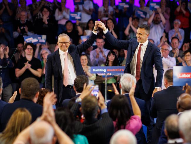 Prime Minister Anthony Albanese at a campaign rally with South Australian Premier Peter Malinauskas in Adelaide. Picture Matt Turner.