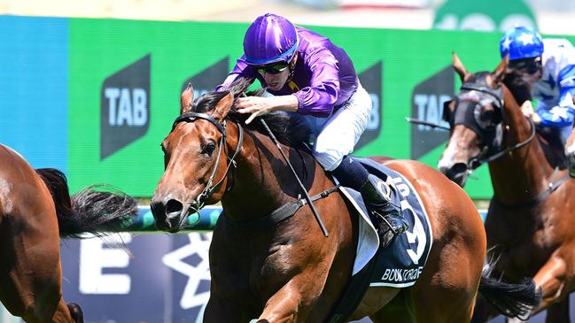 Boom Torque wins the QTIS Open for trainer Matt Dunn and jockey Michael Dee. Pic: Grant Peters, Trackside Photography