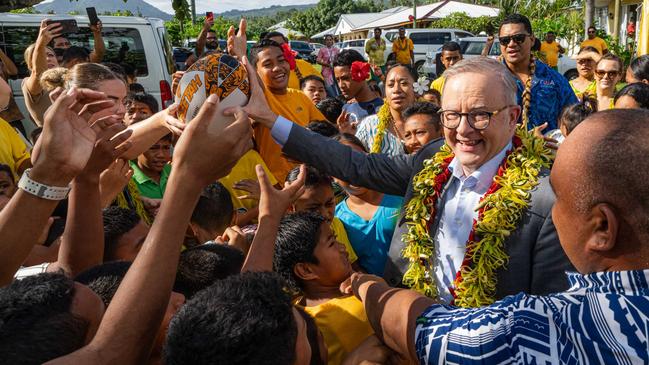 Prime Minster Anthony Albanese  receives a warm welcome in Satapuala Village, Samoa. The Prime  Minister is in Samoa CHOGM summit. The village “adopted” Australia for the CHOGM summit with each Samoan village representing a different Commonwealth nation during the event. Picture: PMO