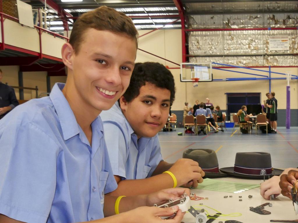 Fraser Coast Anglican College students Andries du Plooy and Lewis Akaveka at the Science and Engineering Challenge at PCYC. Photo: Jessica Lamb.