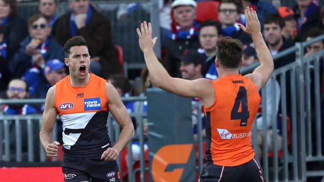 Josh Kelly celebrates a goal with Toby Greene during GWS Giants’ elimination final win. Picture: Phil Hillyard.