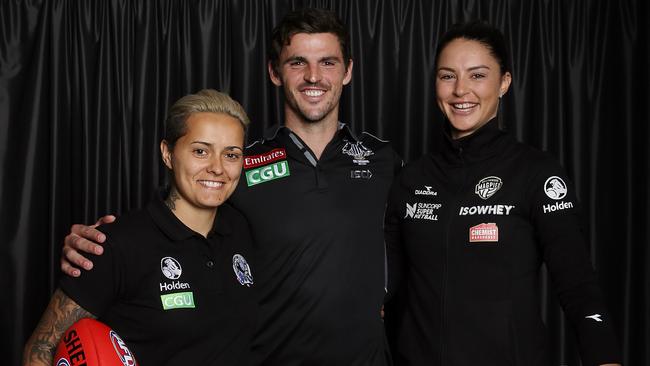 Collingwood's three captains in 2017: Scott Pendlebury, Moana Hope and Sharni Layton. Picture: Wayne Ludbey