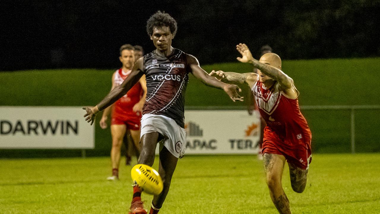 Tiwi Bombers young gun Karlson Kantilla in action during the 2023/24 NTFL season. Picture: David Bradley