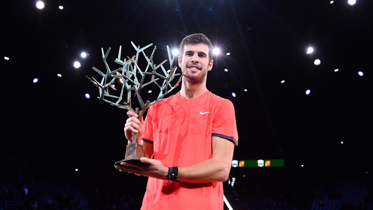 Karen Khachanov with his new Paris Masters trophy after upsetting Novak Djokovic. Picture: Getty