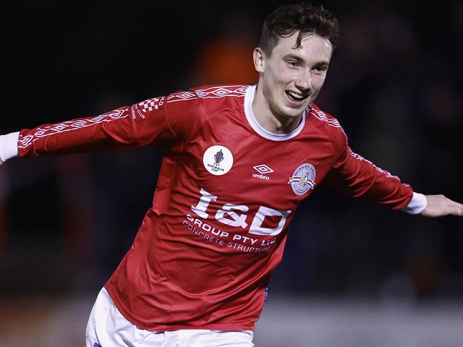 MELBOURNE, AUSTRALIA - AUGUST 29: Mitch Hore of the Knights celebrates soring a goal during the Australia Cup 2023 Round of 16 match between Melbourne Knights FC and Campbelltown City SC at Knights Stadium, on August 29, 2023 in Melbourne, Australia. (Photo by Daniel Pockett/Getty Images)