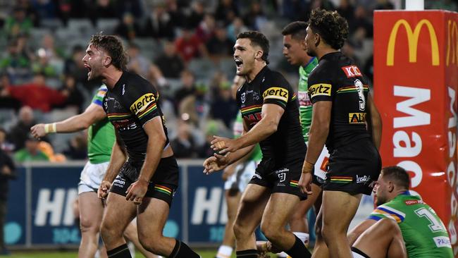 Jaeman Salmon celebrates a try for the Panthers. Picture: NRL Photos