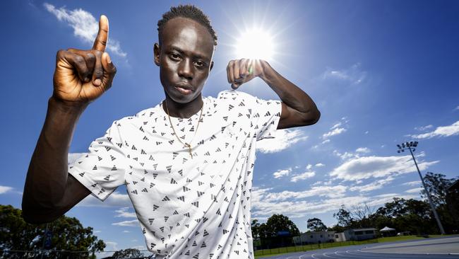 Sprinter Gout Gout at QSAC after his record sprints at the 2024 Australian All Schools Athletics Championships, Sunday, December 8, 2024 - Picture: Richard Walker