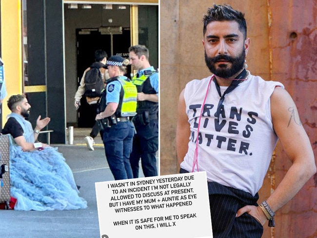 Deni Todorovic speaks with police at Melbourne on Monday, left, and at Fashion Week in Sydney on Tuesday, right, after posting about the incident at the airport, inset. Pictures: Supplied/News Corp