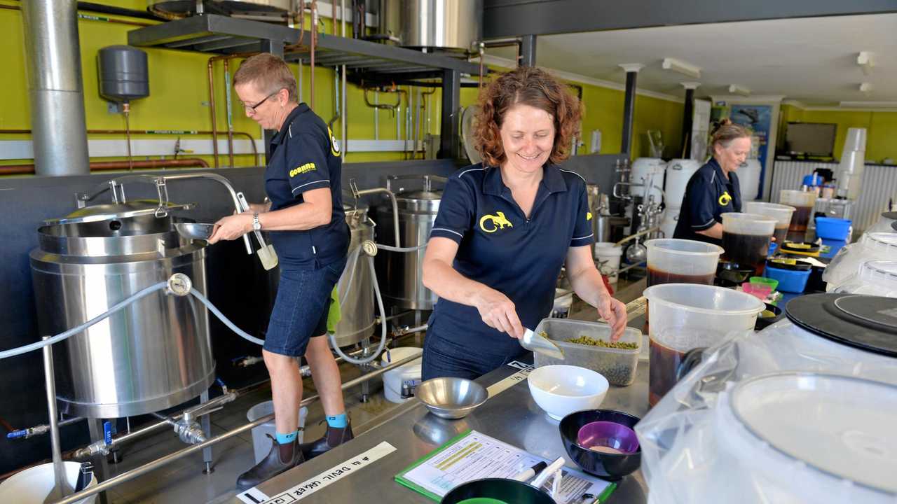 Helena Slade, Linda Palmer and Robyn Law at Goanna Brewing, which is up for sale. Picture: Tony Martin