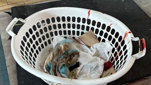 Blood is evident on a laundry basket near the scene of a stabbing at a Fortitude Valley unit complex. Picture: Mohammad Alfares