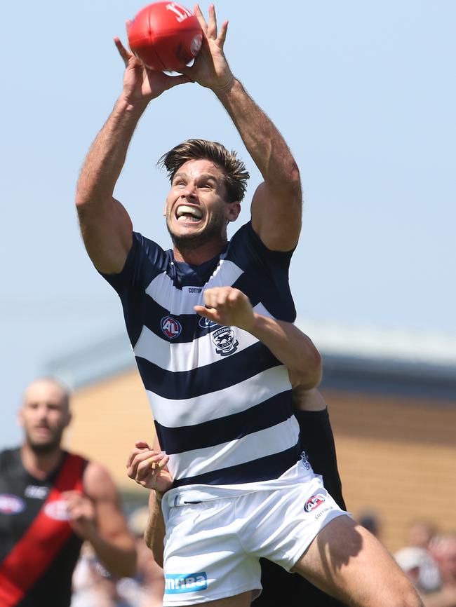 Tom Hawkins takes a big grab. Picture: Michael Klein