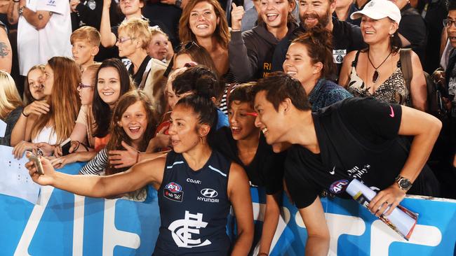 Carlton’s newest hero Darcy Vescio with fans after her standout game. Picture: Rob Leeson