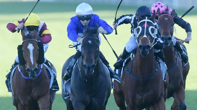 I Thought So (blue silks) has only missed a place twice in nine starts at Royal Randwick. Picture: AAP