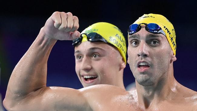 Zac Incerti nn and Flynn Southam celebrate winning the 4x100m freestyle. Picture: Quinn Rooney/Getty Images