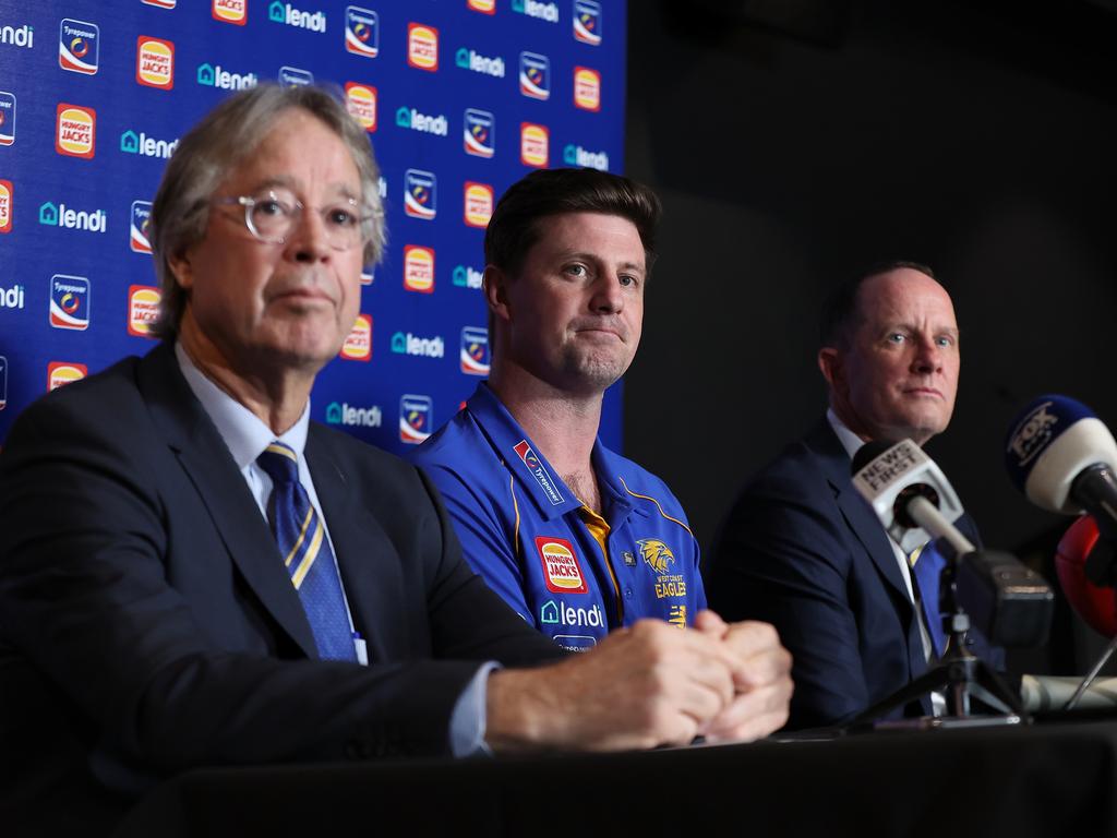 Andrew McQualter, senior coach of the Eagles speaks to the media together with Paul Fitzpatrick and Don Pyke. Picture: Paul Kane/Getty Images.