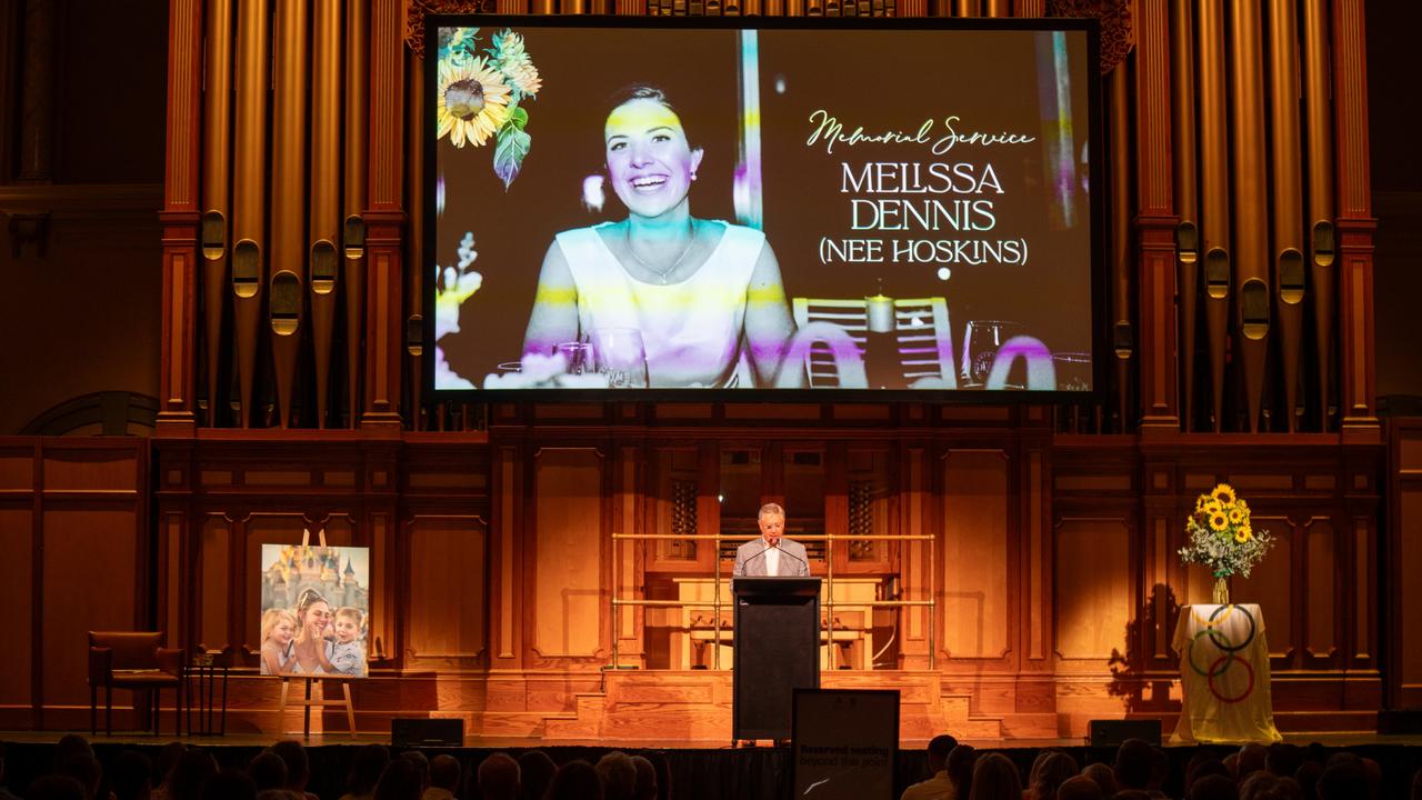 Friends and family attend a memorial service for Ms Hoskins at Adelaide Town Hall in February. Picture: POOL / ABC / Brant Cumming