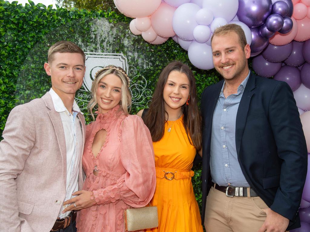 (From left) Jack Adamson, Jordan Schriek, Emma Schriek and Daniel Betros. Weetwood Raceday at Toowoomba Turf Club. Saturday, September 28, 2024. Picture: Nev Madsen.