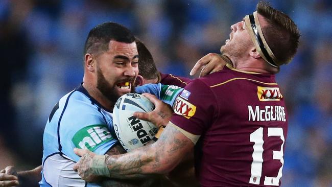 SYDNEY, AUSTRALIA — JUNE 21: Andrew Fifita of the Blues is tackled during game two of the State of Origin series between the New South Wales Blues and the Queensland Maroons at ANZ Stadium on June 21, 2017 in Sydney, Australia. (Photo by Matt King/Getty Images)