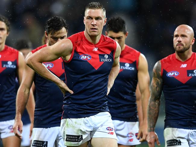 GEELONG, AUSTRALIA - MARCH 30: Tom McDonald of the Demons looks dejected as he leaves the field after losing the round two AFL match between the Geelong Cats and the Melbourne Demons at GMHBA Stadium on March 30, 2019 in Geelong, Australia. (Photo by Quinn Rooney/Getty Images)