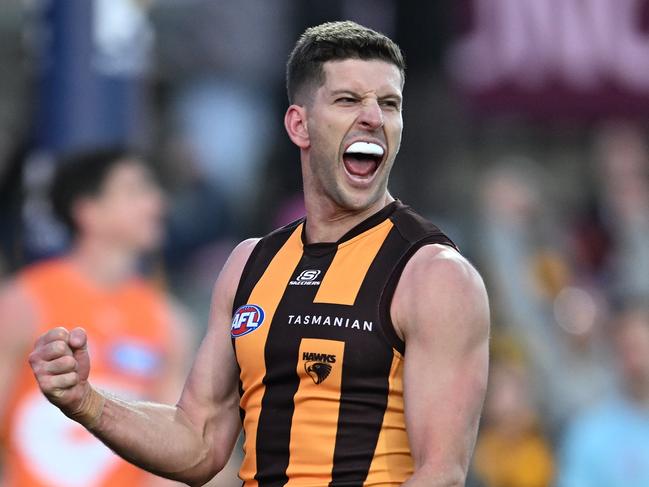 LAUNCESTON, AUSTRALIA - JUNE 08: Luke Breust of the Hawks celebrates a goal during the round 13 AFL match between Hawthorn Hawks and GWS GIANTS at University of Tasmania Stadium, on June 08, 2024, in Launceston, Australia. (Photo by Steve Bell/Getty Images)