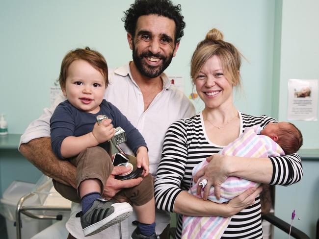 Hazem Shammas with his partner Suzannah McDonald and their son Nakhli, 19 months, and their new baby boy. Picture: Justin Lloyd