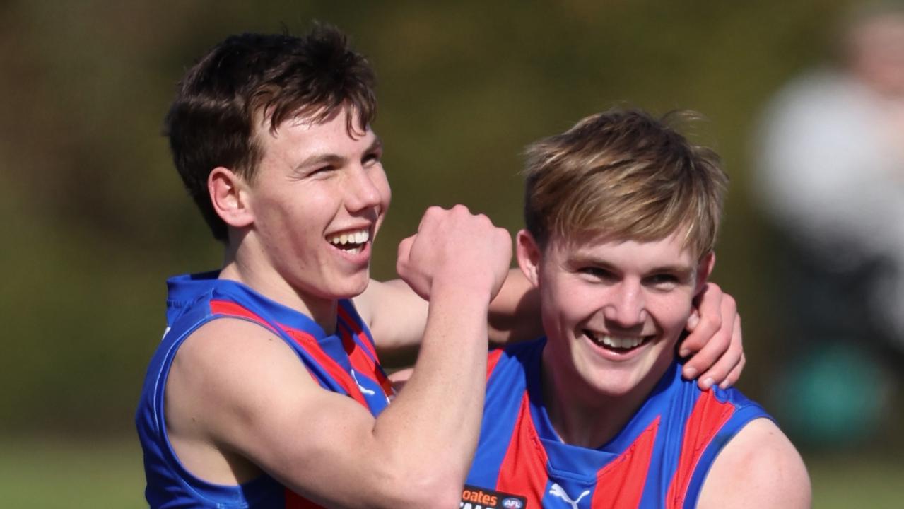 MELBOURNE, AUSTRALIA - SEPTEMBER 15: Finn OÃ¢â¬â¢Sullivan of the Chargers celebrates a goal with Tom Gross during the 2024 Coates Talent League Boys Second Preliminary Final match between the GWV Rebels and the Oakleigh Chargers at RSEA Park on September 15, 2024 in Melbourne, Australia. (Photo by Rob Lawson/AFL Photos)