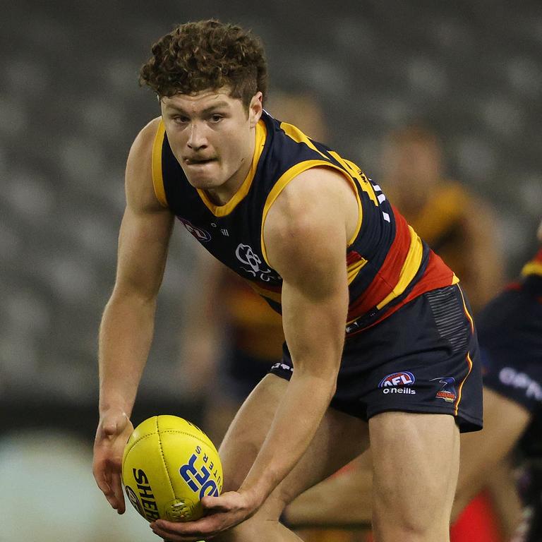 Harry Schoenberg gathered plenty of possession for the Crows over the back half of the 2021 season. Picture: Jonathan DiMaggio/AFL Photos/via Getty Images