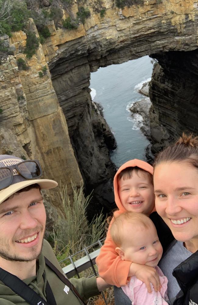 Clint Steindl and his family at Eaglehawk Neck. They enjoy visiting Tassie shacks. Picture: Supplied