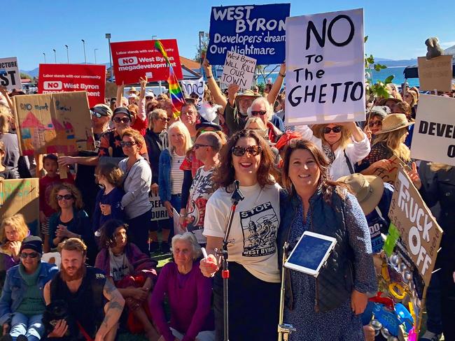 Cate Coorey from the Byron Residents Group with Ballina MP Tamara Smith at an Anti-West Byron Development rally held in Byron Bay in 2018.