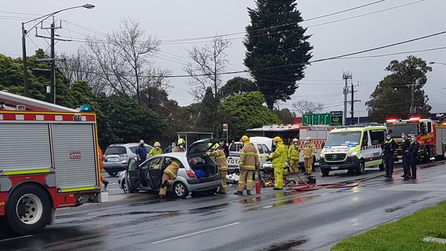 A woman was trapped in a car crash in Bayswater on Saturday, August 22. Picture: Kiel Egging.