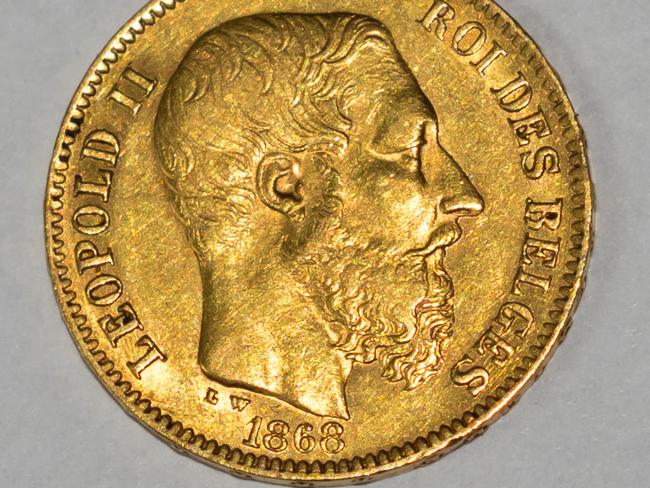 FXRFRK Belgian 20 Francs gold coin, minted in 1868. Obverse side featuring a profile portrait of King Leopold II of Belgium.