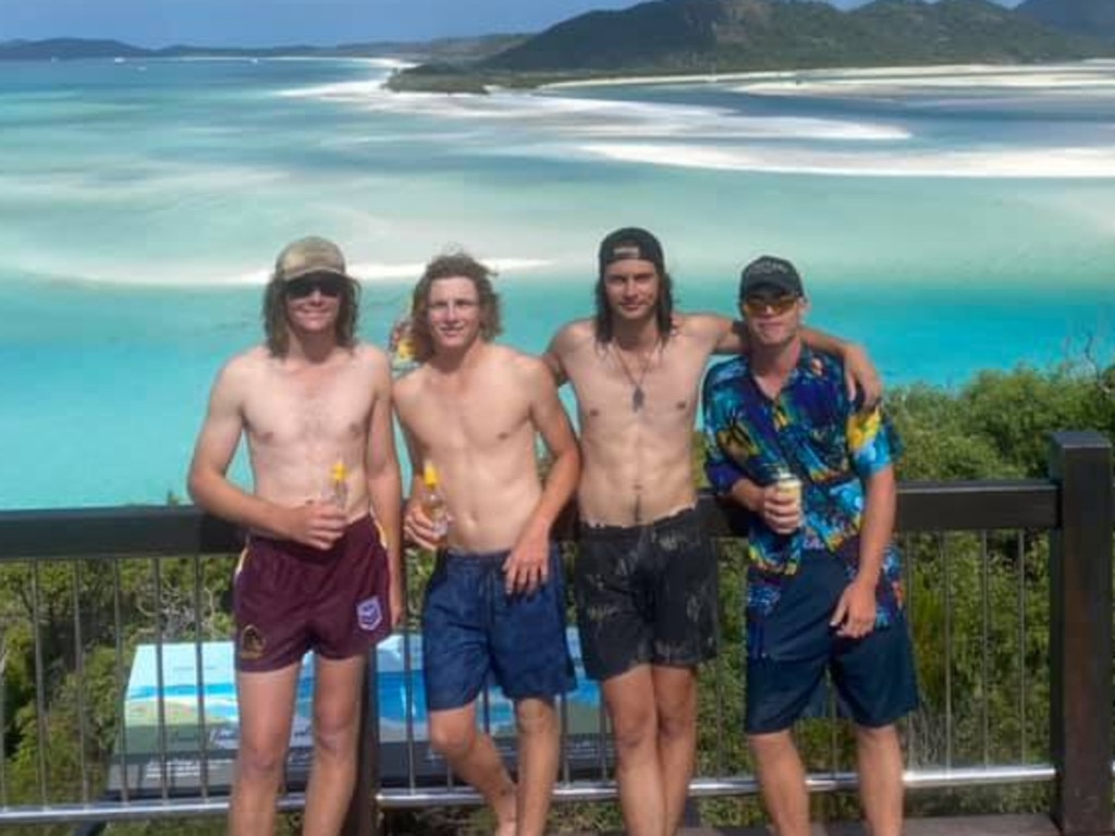 Bowen boys Clancy Pilcher, Wyatt Betzel, Kris Rubesaame and Brad Weston on their camping trip to Whitehaven Beach before being entertained by a humpback whale playing by their boat. Picture: Contributed.